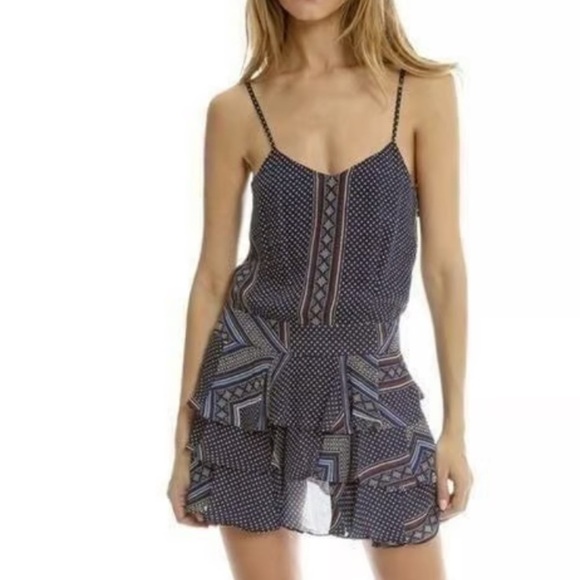 Derek Lam dress silk Navy & Red Printed Dress tiered adjustable straps like new - Picture 6 of 6